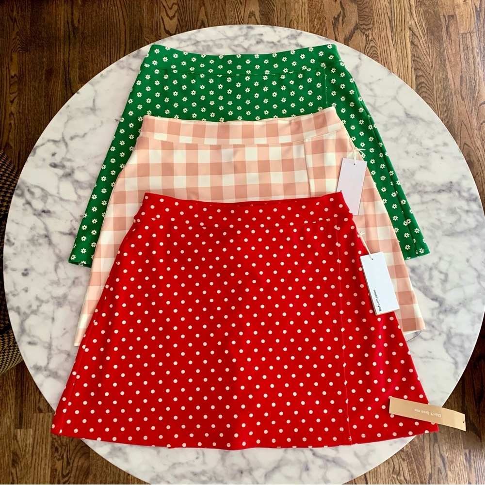 Reformation Mini Skirt Trio in Red, Pink, and Green